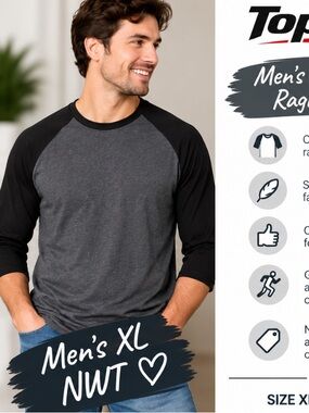 Top Pro Men’s XL Charcoal Black 3/4 Sleeve Raglan Shirt NWT